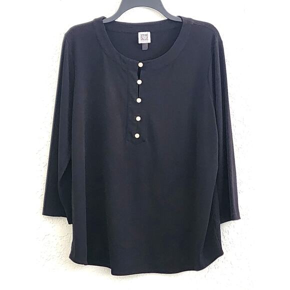 TOP/BLOUSE-ANNE KLEIN-Black-Gold Button Front Neckline-3/4 Sleeves-Size XL - Picture 1 of 14